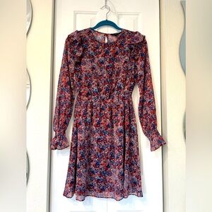 Women's Banana Republic Red White and Blue Floral Long Sleeve Ruffle Dress XS